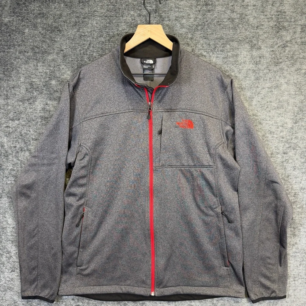 The North Face Softshell Jacket Full Zip Gray Red‎ Logo Mens XL